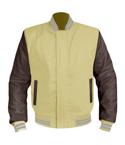 Varsity Jacket for Baseball Letterman Bomber School of Green Wool and  Genuine Brown Leather Sleeves at  Men’s Clothing store