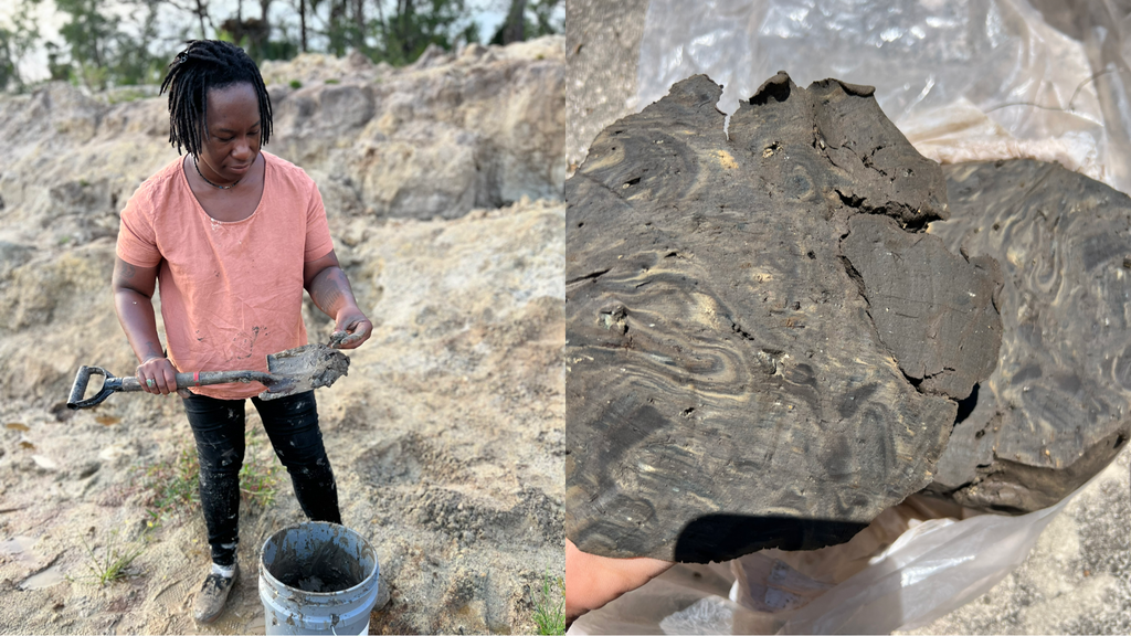 Osa Atoe digging wild clay from a local site.