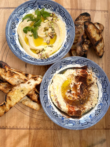 Easy Mezze ideas from Laura Faire at TheWineListnz.  Hummus dressed two ways.