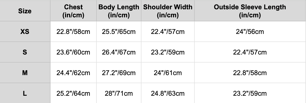 size chart for mohair sweaters