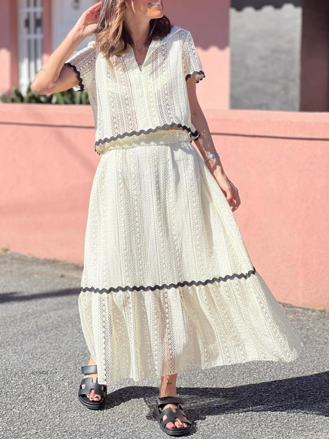 Contrast Trim Openwork Short Sleeve Top and Skirt Set