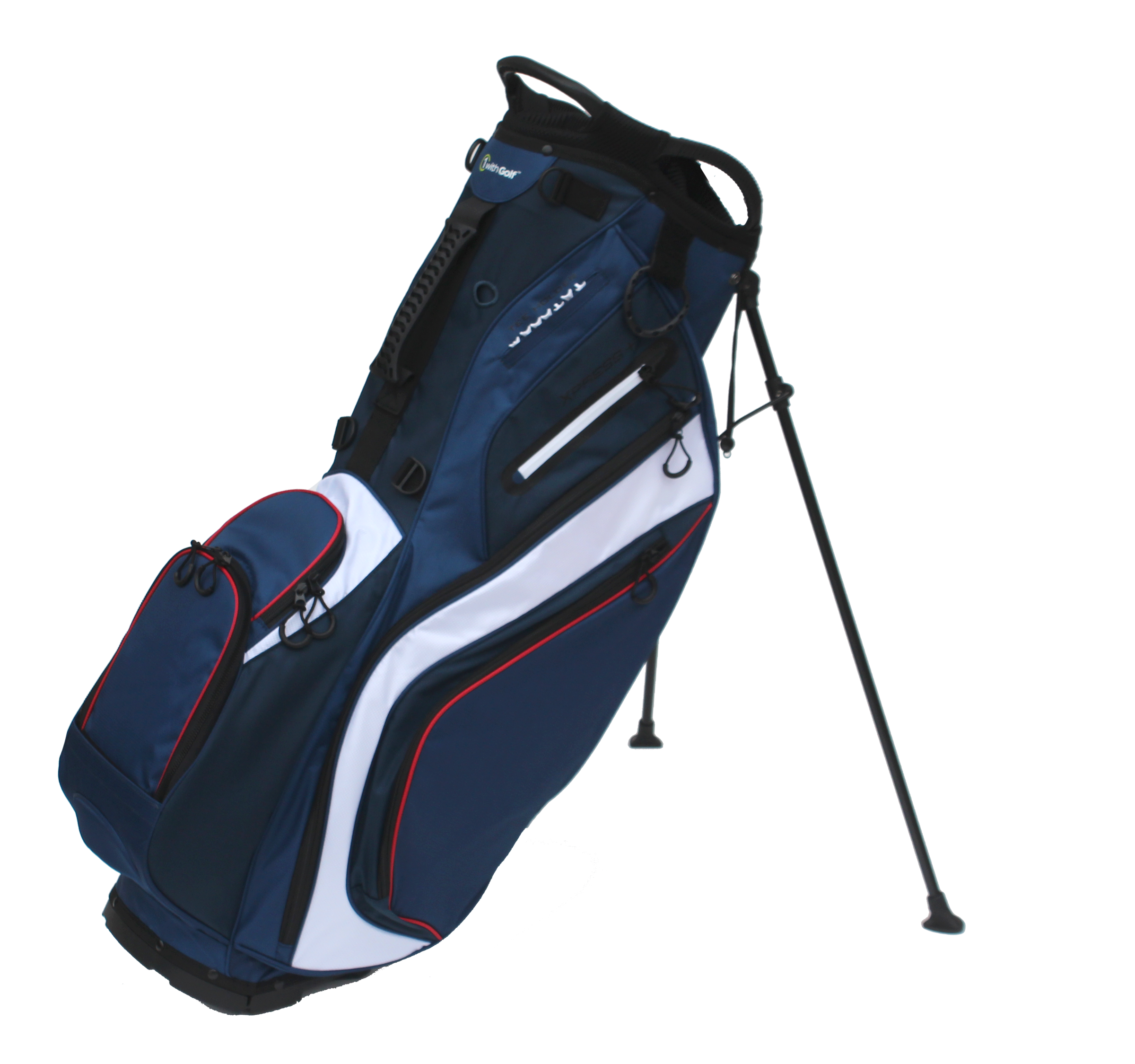 1 With Golf  Xpress Plus 14 way stand bag Navy/Red/White