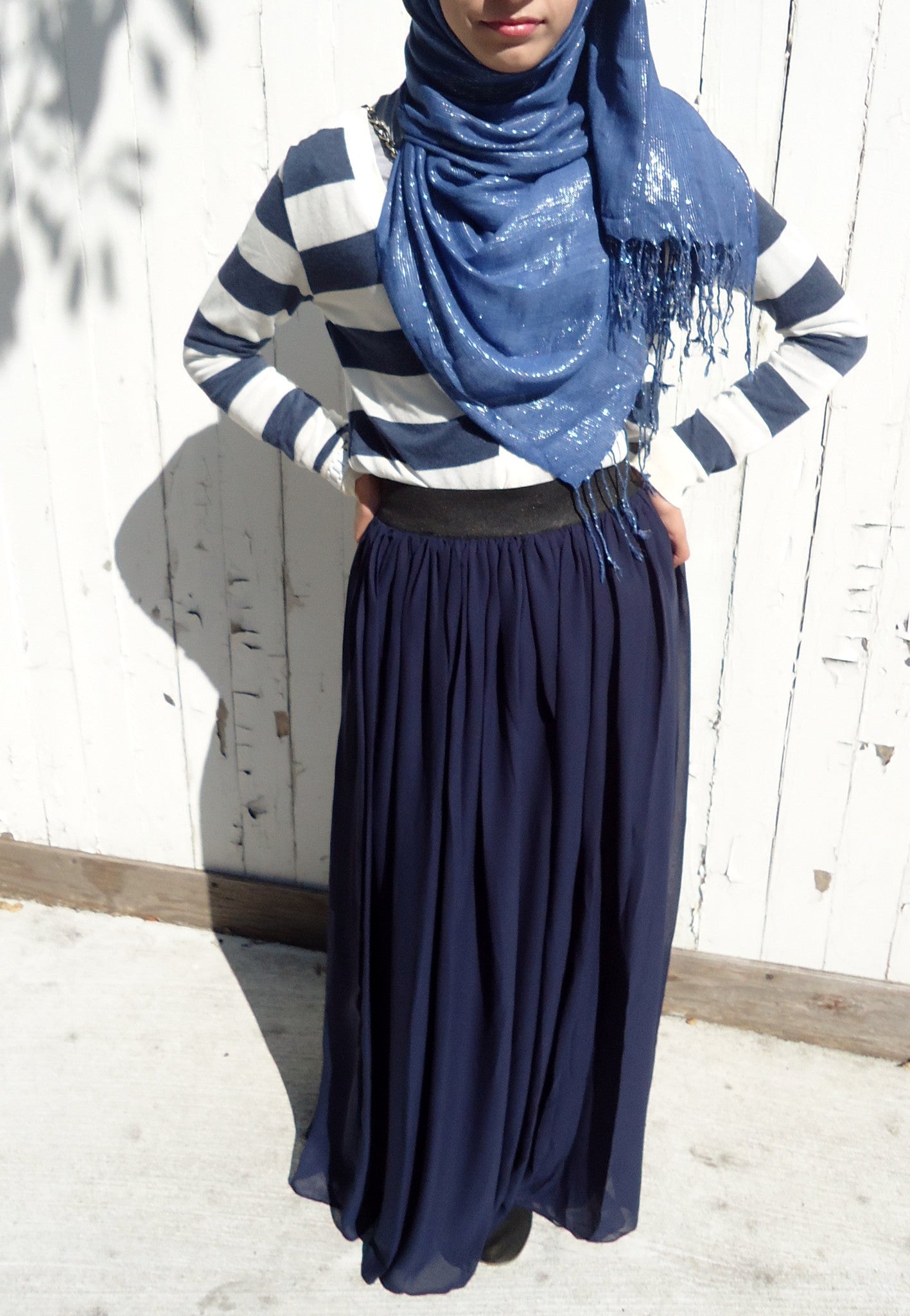 navy and white maxi skirt