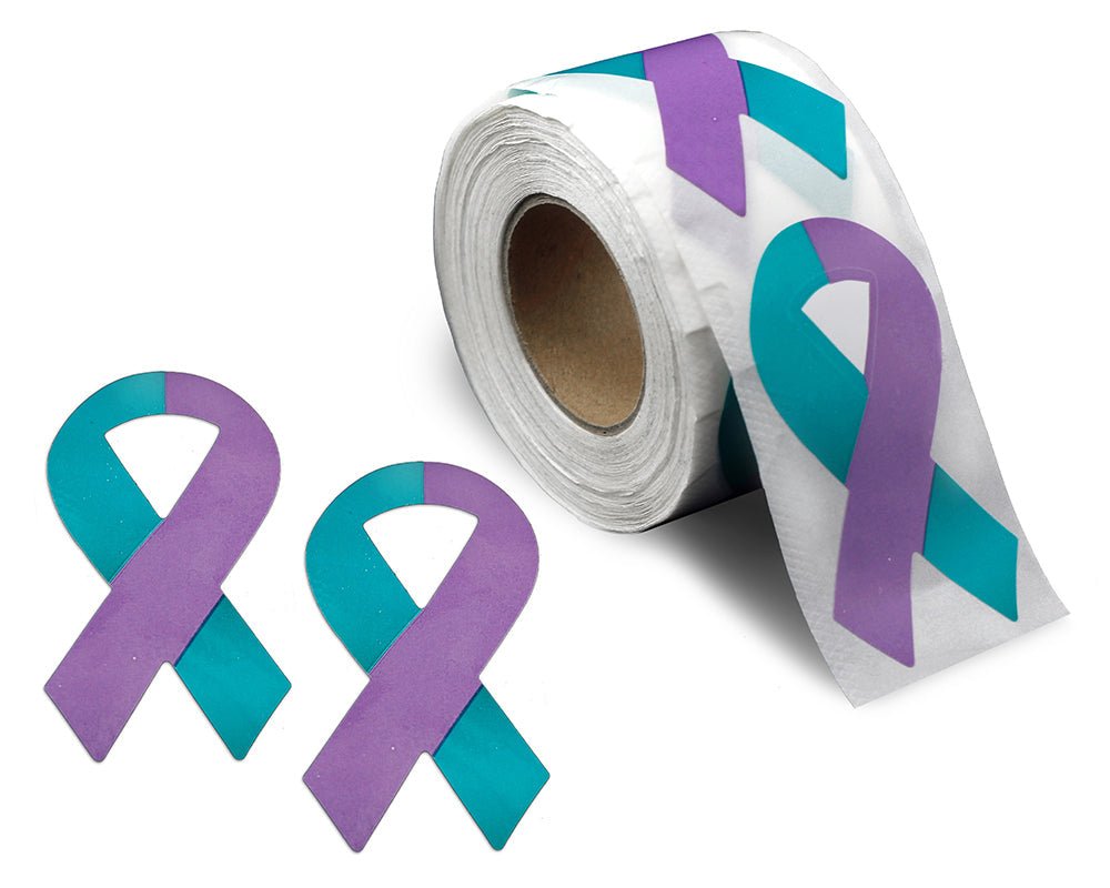 Image of Large Sexual Assault Teal & Purple Ribbon Stickers (250 Per Roll)