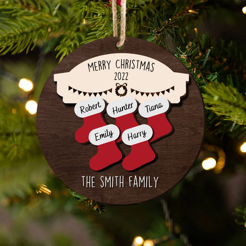 Merry Christmas Happy Family 2 Layered Wood Custom Shape Christmas Ornament