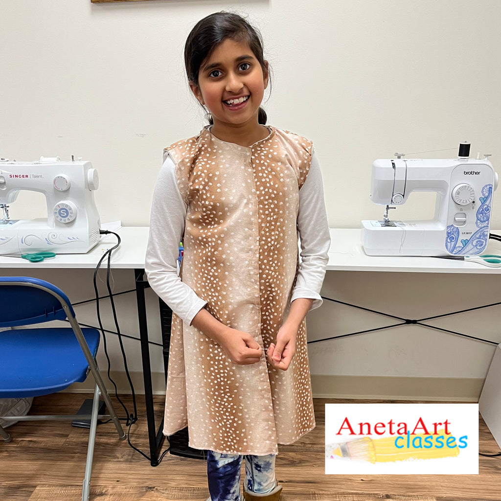 A dress model from AnetaArtClasses advanced sewing class for kids