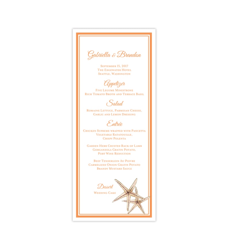 Wedding Menu Card Beach Starfish Orange Tea Length ...
