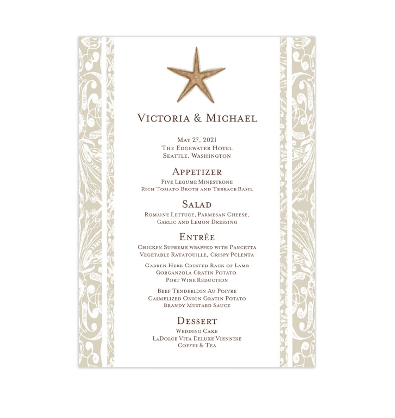 Wedding Reception Menu Template Beach Starfish 5x7 Wedding