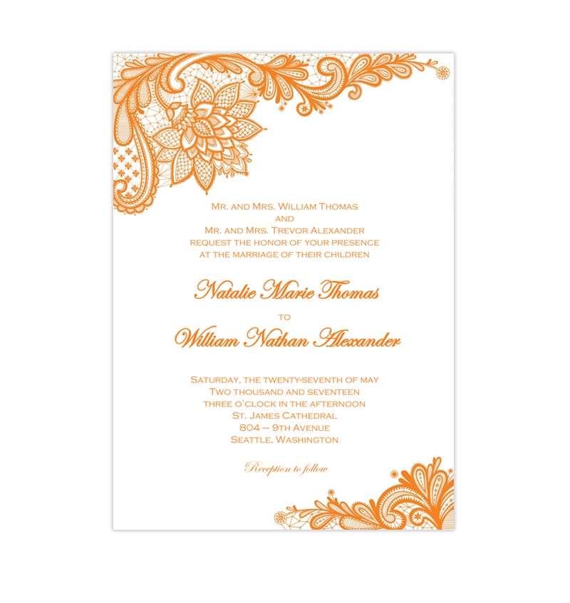 Vintage Lace Wedding Invitations Orange Wedding Template Shop