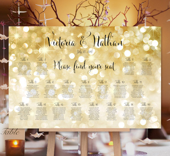 Wedding Seating Chart Poster Gold Bokeh Sparkle Gold Seating Plan Poster Rush Digital File Alphabetical Order Landscape Paper Paper Party Supplies Kromasol Com