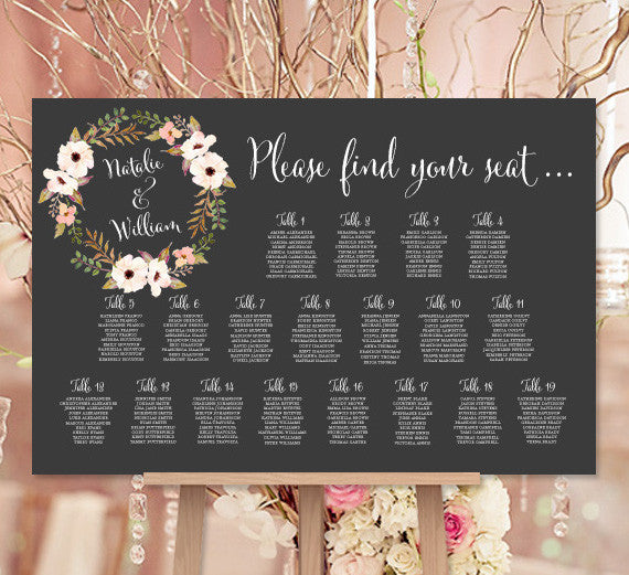 Wedding Seating Chart Poster Floral Wreath 3 Chalkboard Print Ready Di Wedding Template Shop