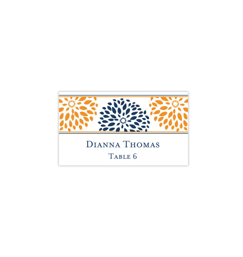 Wedding Seating Card Floral Petals Navy Blue Orange Tent Wedding