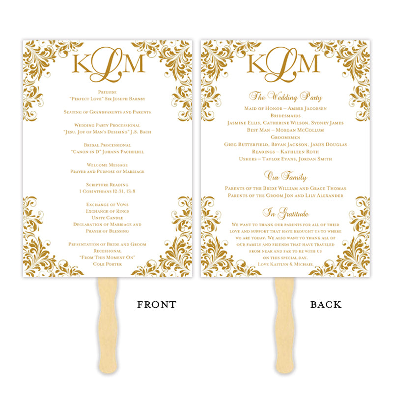 Wedding Program Fan Kaitlyn Gold Monogram Wedding Template Shop