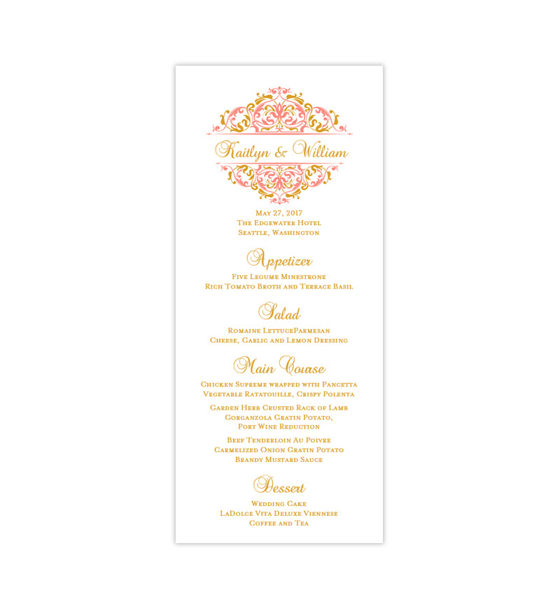 Wedding Menu Card Grace Coral Gold Tea Length Wedding Template Shop