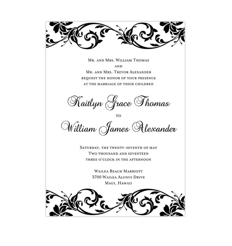Tropical Damask Wedding Invitation Black White Wedding
