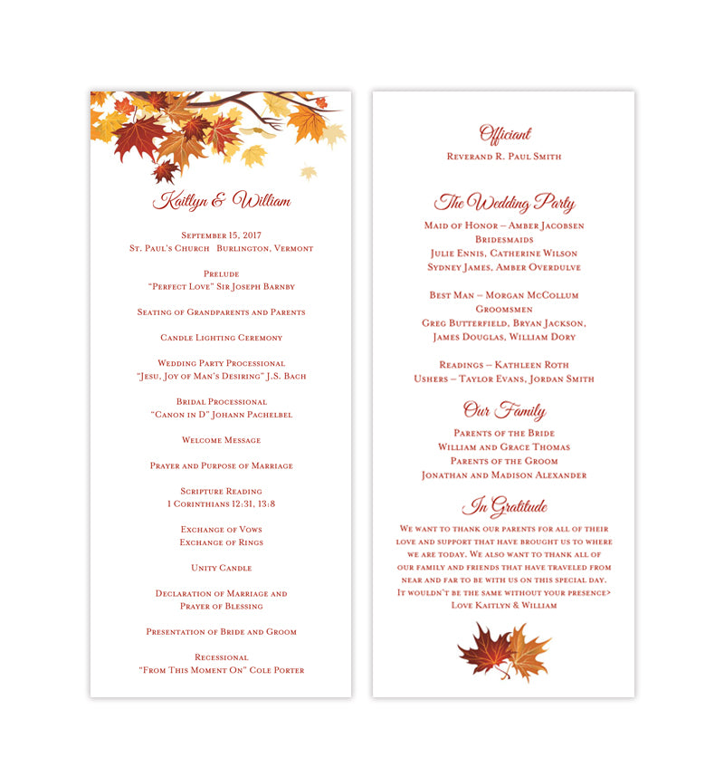 Slim Wedding Program Fall In Love Autumn Colors Wedding Template