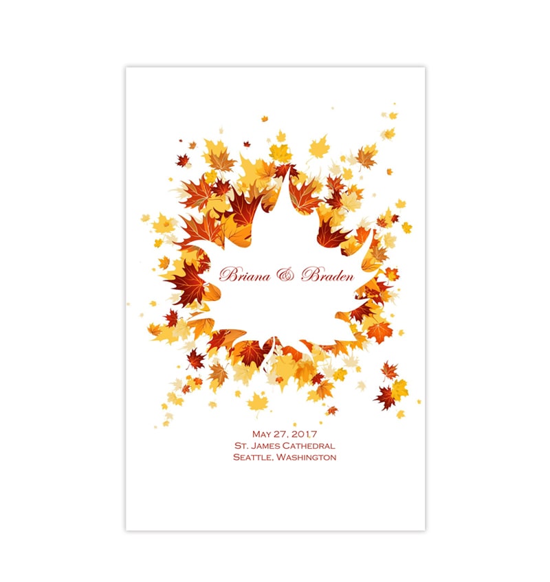 Wedding Program Template Falling Leaves Autumn Yellow Red Orange