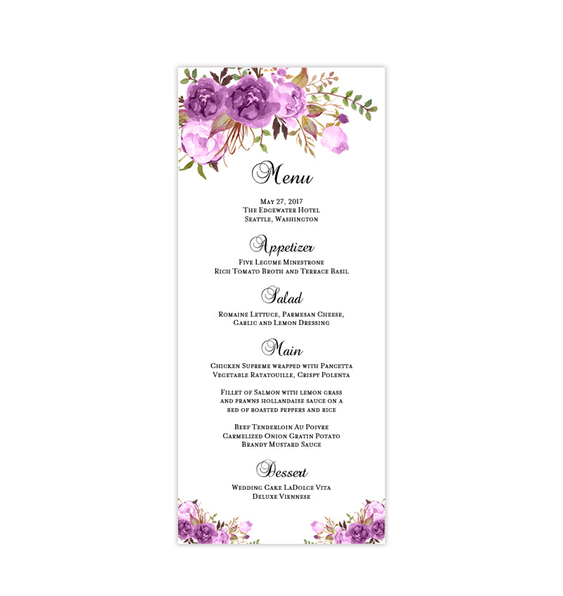 Wedding Menu Card Romantic Blossoms Purple Printable Diy Wedding