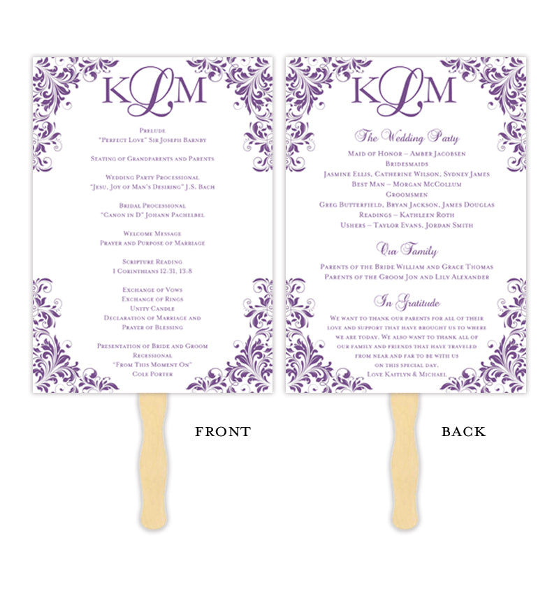 Wedding Program Fan Kaitlyn Purple Monogram Wedding Template Shop