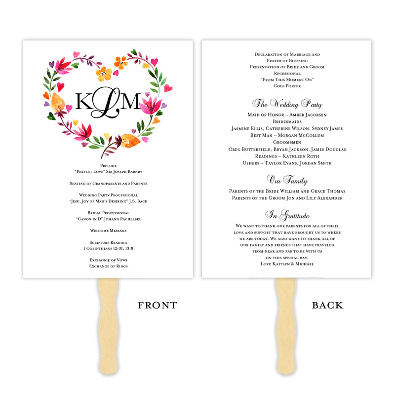 Wedding Program Fan Heart Floral Monogram Wedding Template Shop