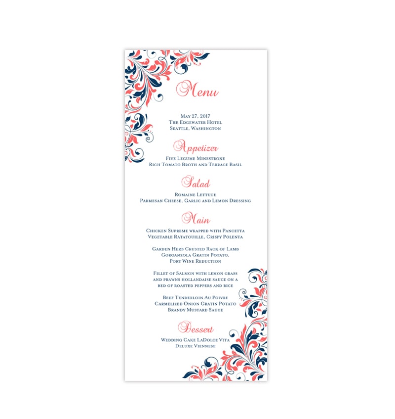 Wedding Menu Card Kaitlyn Navy Blue Coral Tea Length Wedding