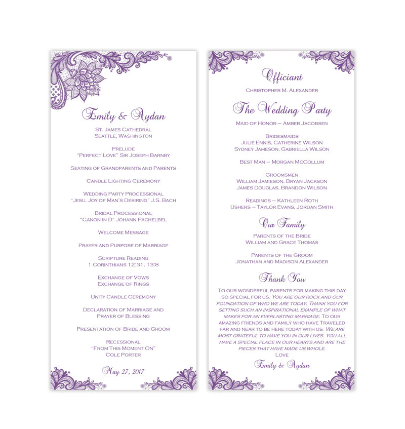 Slim Wedding Program Vintage Lace Purple Wedding Template Shop