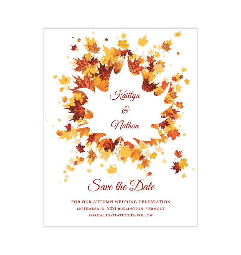 Wedding Save The Date Cards Falling Leaves Orange Yellow Copper