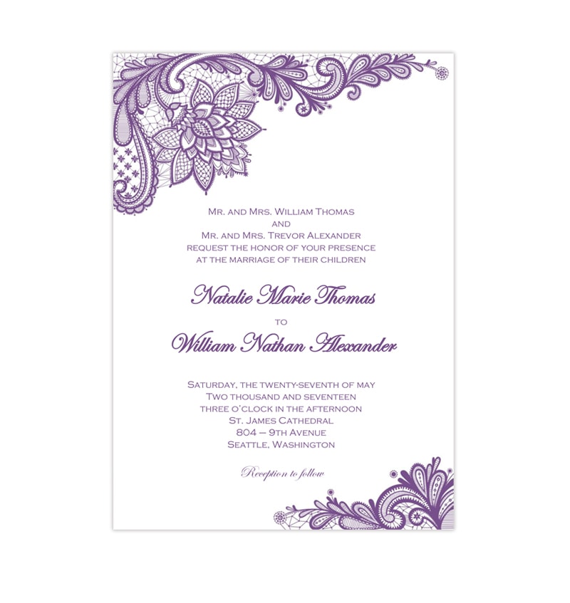 Vintage Lace Wedding Invitation Purple - Wedding Template Shop