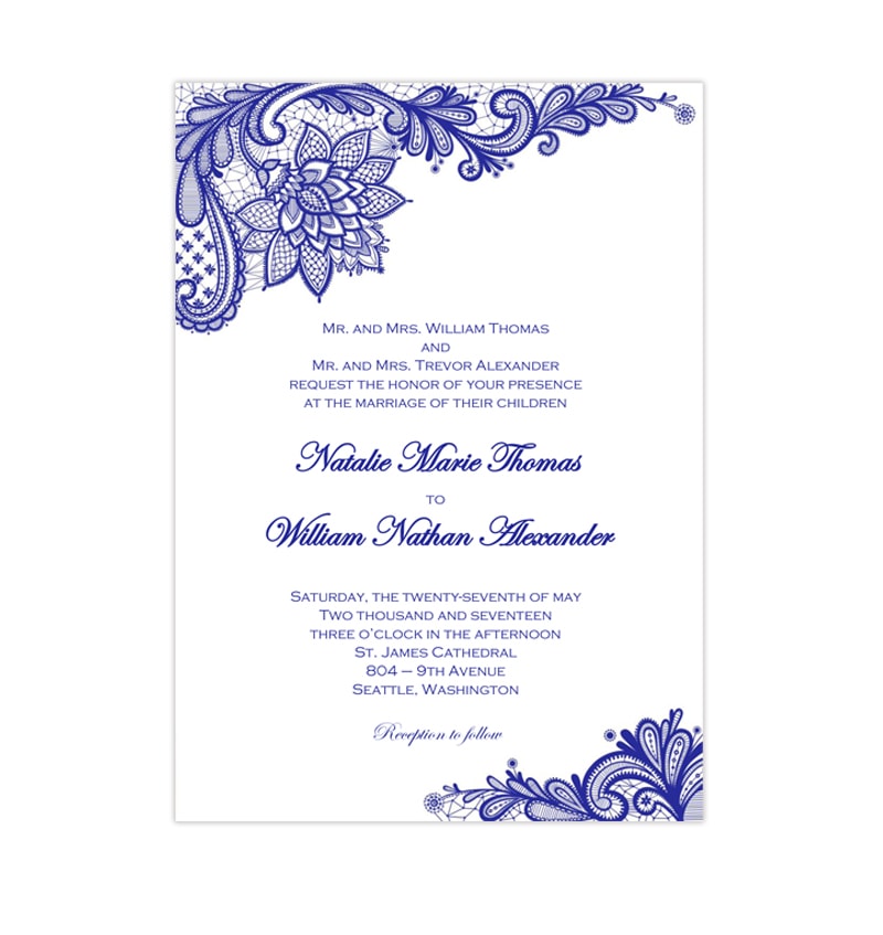 Vintage Lace Wedding Invitation Royal Blue - Wedding ...