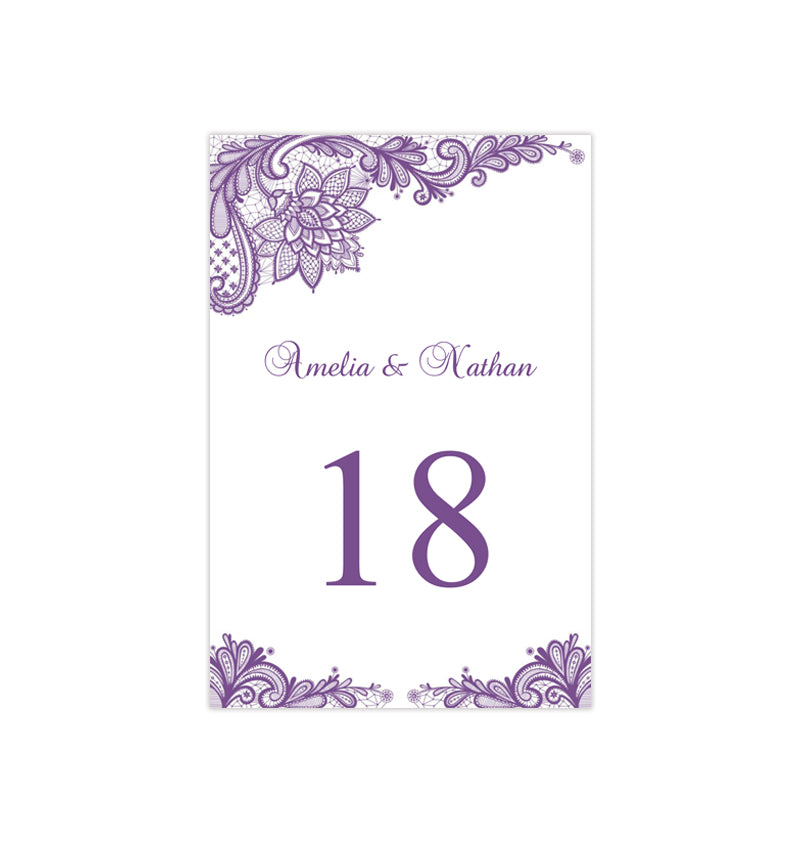 Wedding Table Number Template Vintage Lace Purple Flat Wedding