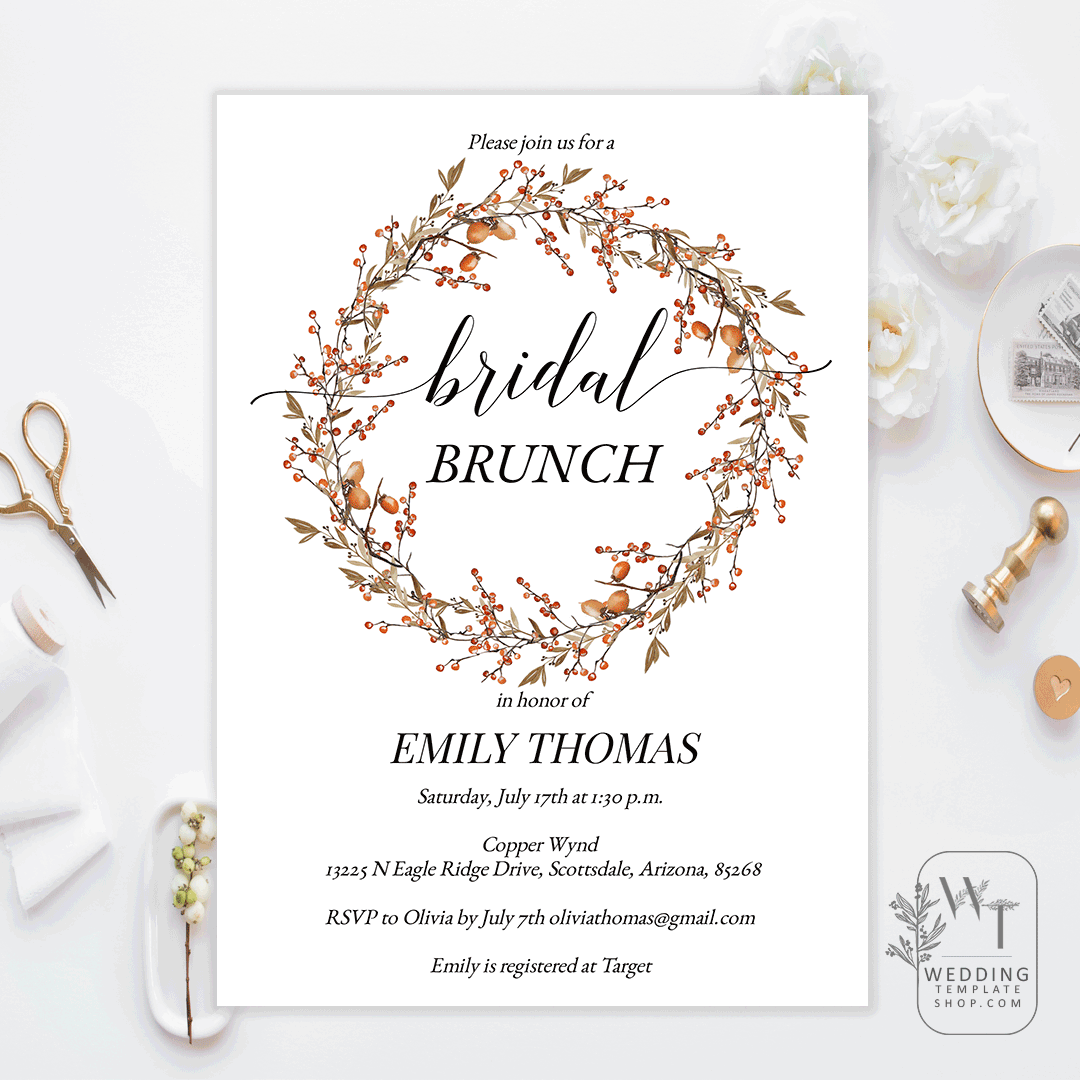 Bridal Shower Brunch Invitations Berry And Oak Wreath Edit Online