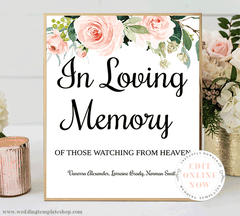 In Loving Memory Wedding Sign Blush Florals Edit Online Download Now Wedding Template Shop