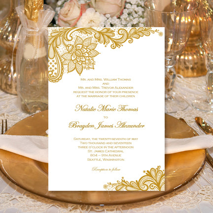 Gold Vintage Lace Wedding Invitations Diy Printable Templates