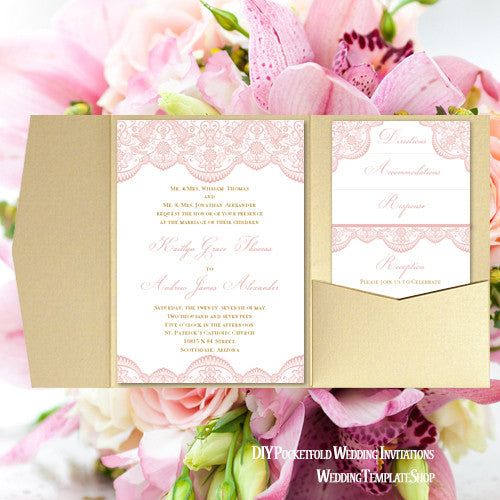 Pocket Fold Wedding Invitations Vintage Lace Blush Pink Gold 5x7