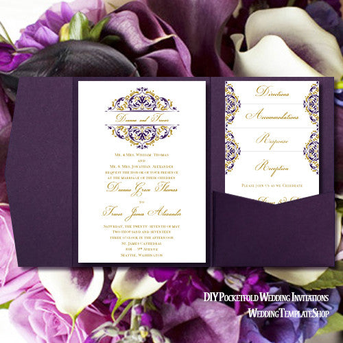 Pocket Fold Wedding Invitations Grace Majestic Royal Purple Gold