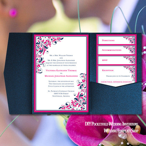 Pocket Fold Wedding Invitations Kaitlyn Hot Pink Navy Blue 5x7