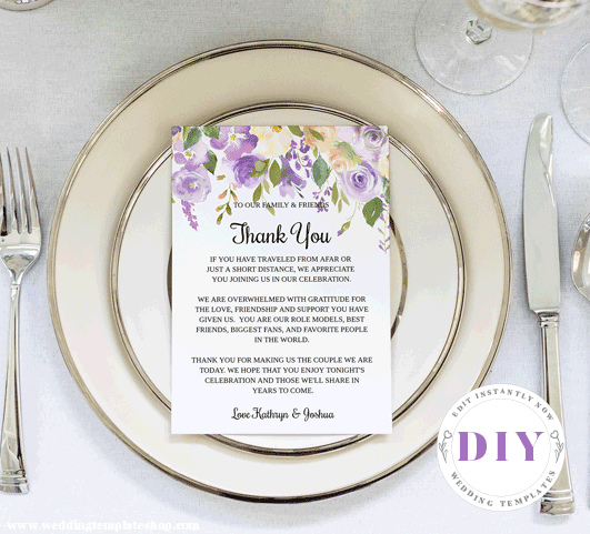 Wedding Reception Thank You Cards Purple Florals Edit Online And Print Wedding Template Shop