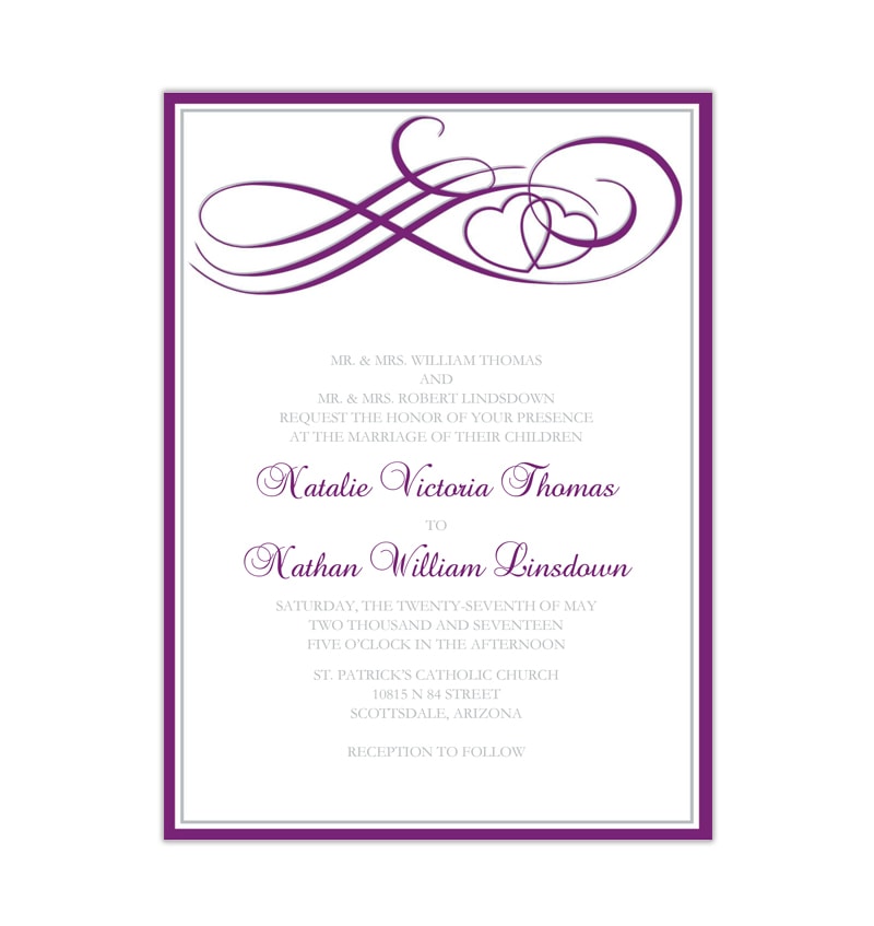 Photo Wedding Invitation Purple Silver Scrolls Faux Foil Printed Ribbon Joined Hearts