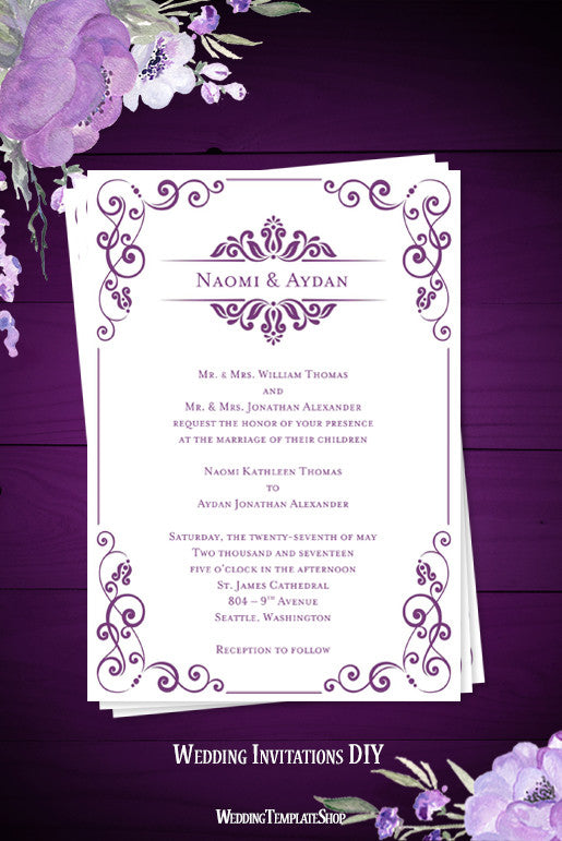 Julia Wedding Invitation Purple - Wedding Template Shop
