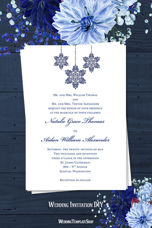 Winter Snowflakes Wedding Invitation Navy Blue Wedding Template Shop