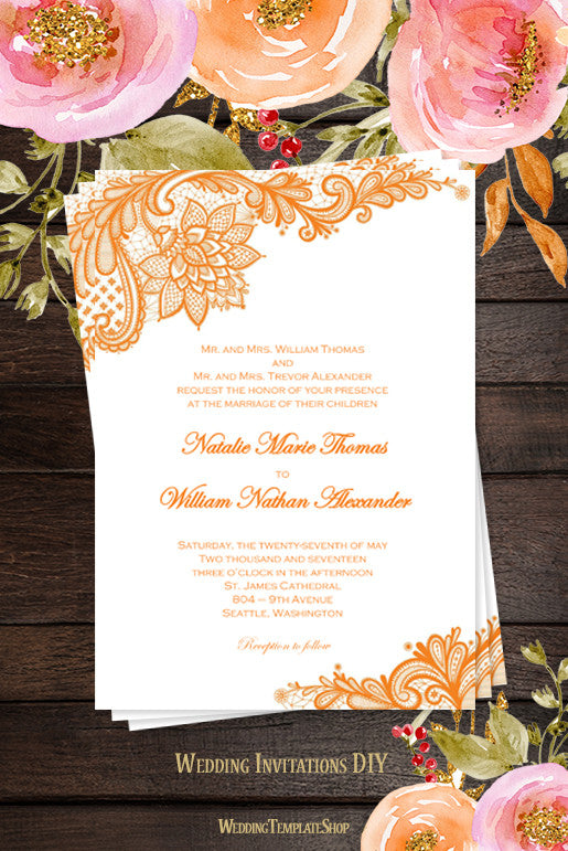 Vintage Lace Wedding Invitations Orange Wedding Template Shop