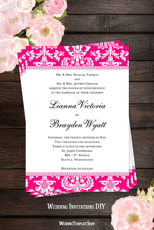 Damask Wedding Invitation Fuchsia Pink Wedding Template Shop