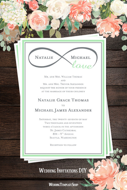 Silver Gray Drips Grey Floral Mint Green Wedding Invitation Zazzle Com