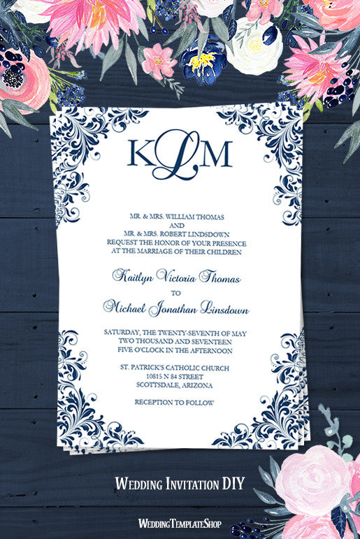 Printable Navy Blue Wedding Invitations 7