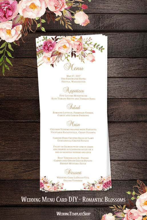 printable menus sample Romantic Card Printable Length Tea Blossoms Wedding Menu