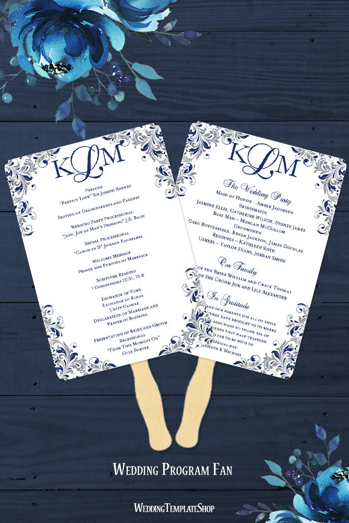 Wedding Program Fan Kaitlyn Navy Blue Gray Monogram Wedding