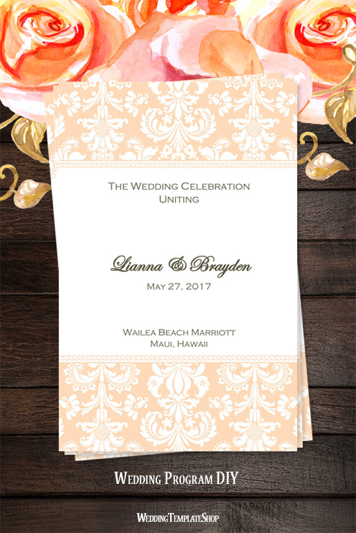 Wedding Program Template Damask Peach Wedding Template Shop