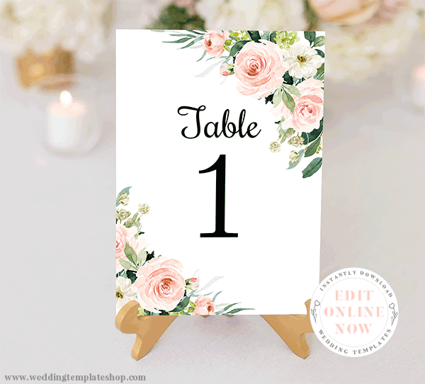 Wedding Table Number Cards Blush Florals Edit Online Download Print Wedding Template Shop