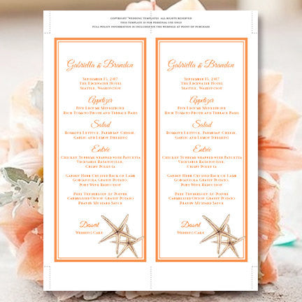 Wedding Menu Card Beach Starfish Orange Tea Length