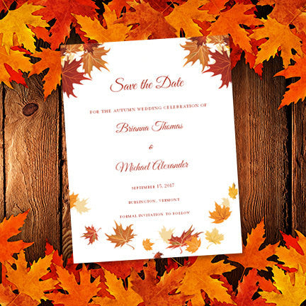 Wedding Save The Date Cards Falling Leaves Red Orange Yellow